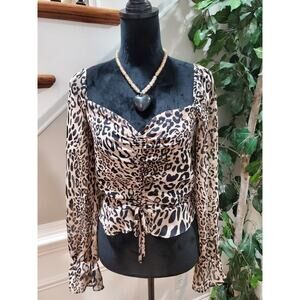 Bar III Women's Beige & Black Polyester Long Sleeve Sweetheart Neck Top Blouse S
